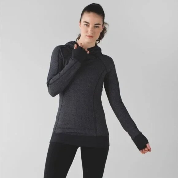 Lululemon Think Fast Hoodie Heathered Herringbone Pullover Black/Black Size 6 - Picture 3 of 12